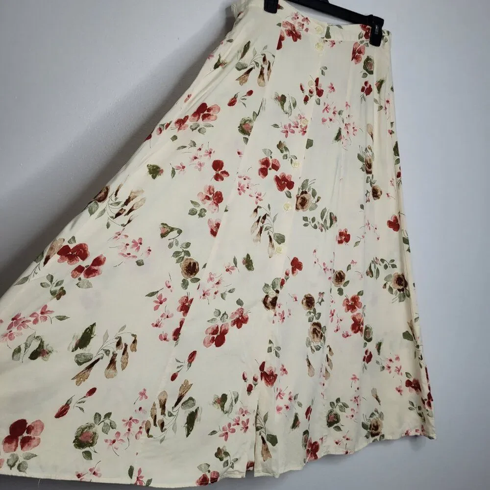 Vintage 90s light yellow floral preppy button front maxi midi cute skirt L FLAW